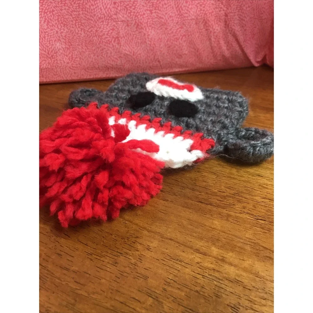 Hand Crocheted Sock Monkey Winter‎ Hat Red Grey